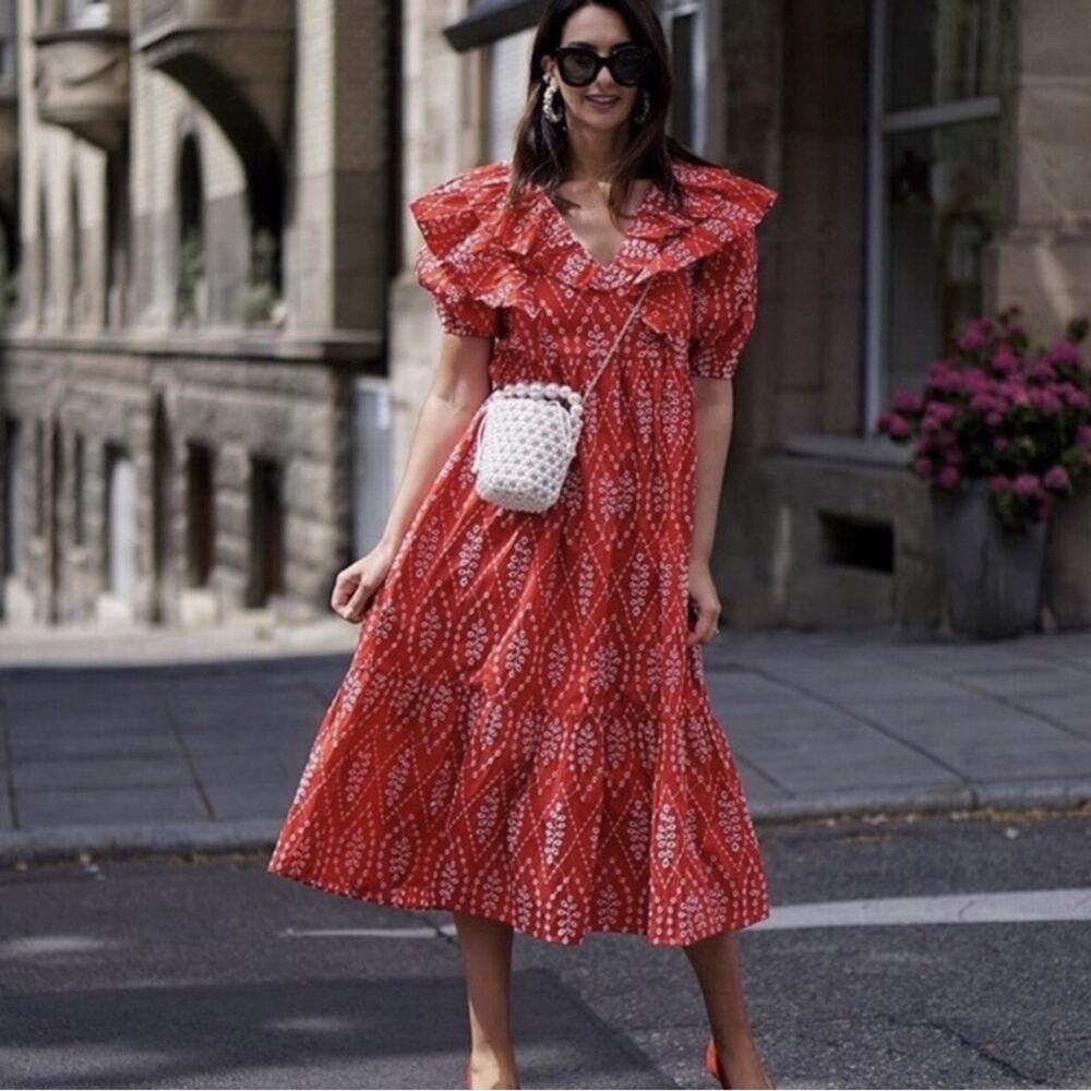 ZARA Red & White Eyelet Ruffle Puff Sleeve Short Sleeve Midi Dress Size XS - Picture 3 of 8